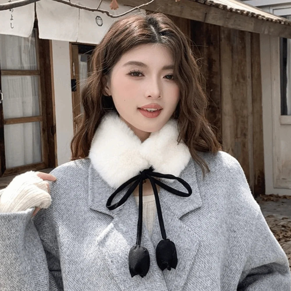 Sweet Rabbit Fur Earmuffs Multi Functional Headband Warm Scarf Tulip Flower Tether Neckerchief Fur Neck Warmer Daily Use