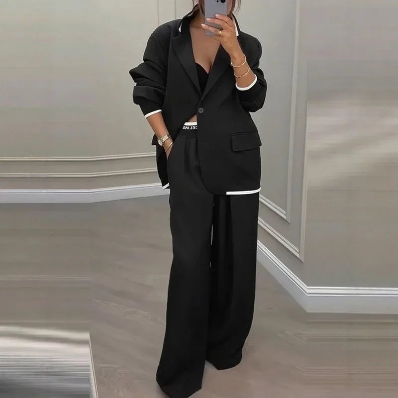 Women's Pants Suit Loose Solid Color Autumn Winter Commuting Long sleeved Lapel Top Wide leg Trousers Two piece Set Clothing