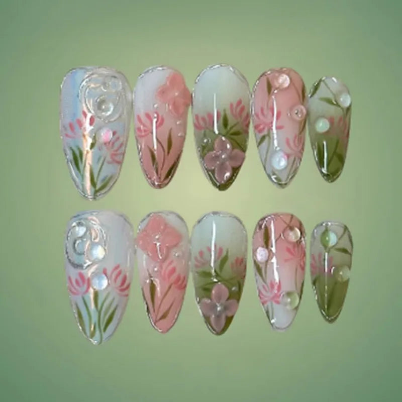 Almond 3D Flower Gradient Pearl Press-On Nails