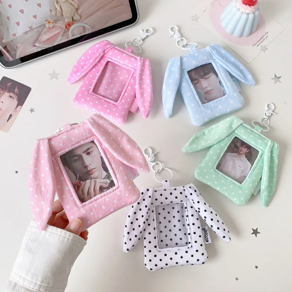 Cute Polka Dot Rabbit Ear 3 Inch Photocard Holder Keychain Korean Style Student Card Bag