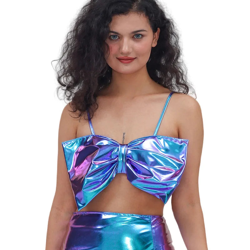 Bow Tie Sexy Spaghetti-strap Top Gilded Lacquered Costume Stage Performance Outfits Sweet Clothes for Women Summer