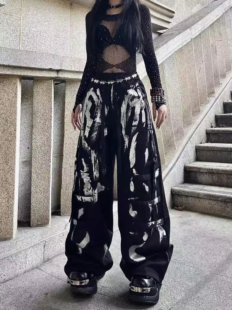 Y2K Grunge Silver Painted Cargo Pants Women's Gothic Drawstring Wide Leg Baggy Streetwear Trousers Female Punk Harajuku Bottoms