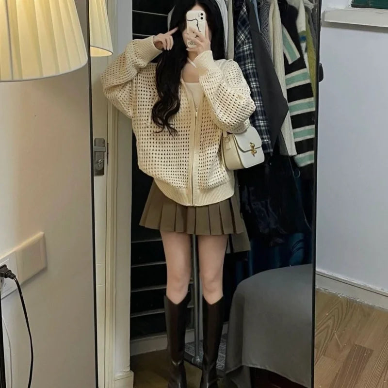 Hollow Knitted Sweater Design Hooded Loose Outer Thin Jacket Korean Spring Summer Zipper Cardigan Top for Women