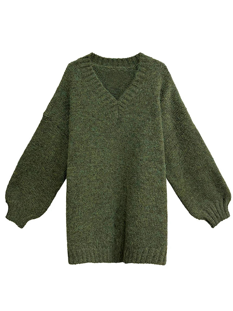 YERMORA Green Big Size Brief Casual Pullover For Women V-Neck Long Sleeve Loose New Sweater Fashion Tide Autumn Winter 2025