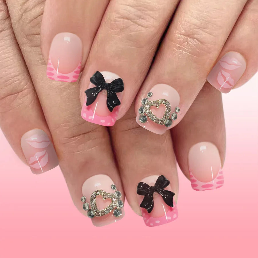 Blush Pink False Nails Bowknot Diamond Pearl 3D Design Press on Nail Tips with Harmless Smooth Edge Nails Woman DIY Fake Nails