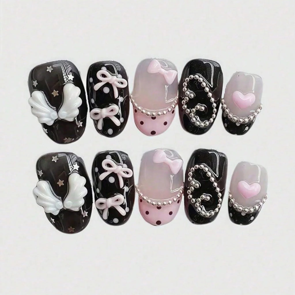Handmade Short Round Pink Bow Press-On Nails