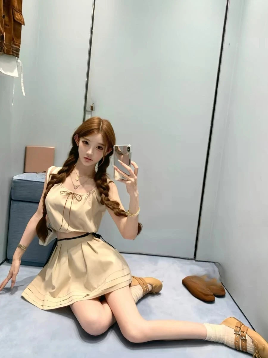 gothiscyn 2026 New Japanese Women's Matching Two Piece Babydoll Top Sets Khaki Drawstring To Mini Skirt Suit Sweet Lolita Style