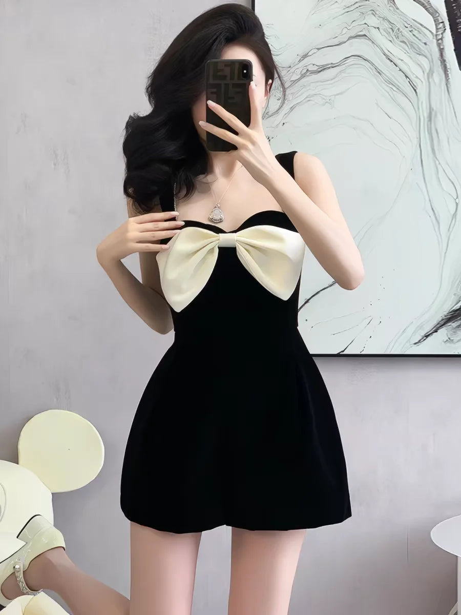 2026 Summer Jumpsuit for Women Black Bow Tie High Waist Wide Leg Short Romper Elegant Sleeveless Casual Sets