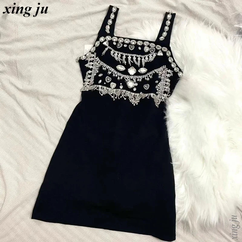 Female Singer Kpop Stage Outfit Black Shiny Rhinestone Sling Short Dress Women Group Jazz Dance Costume Stage Performance Wear