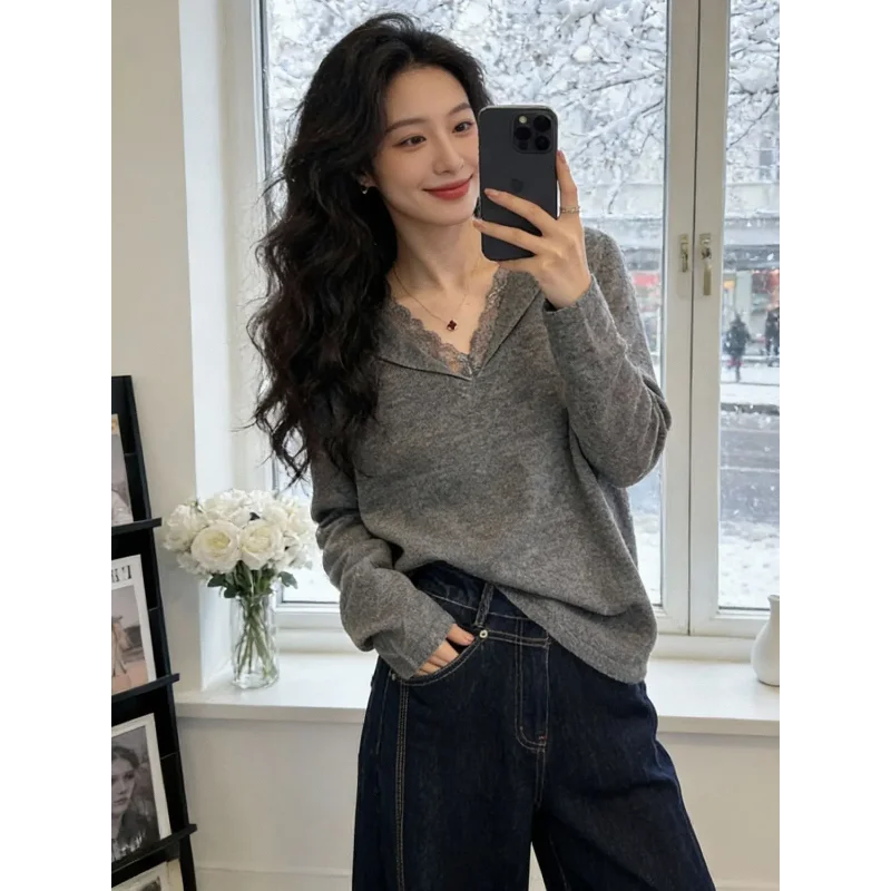 Women V Neck Lace Splice Knit Top Loose Long Sleeve Soft Casual Pullover Sweater Tops