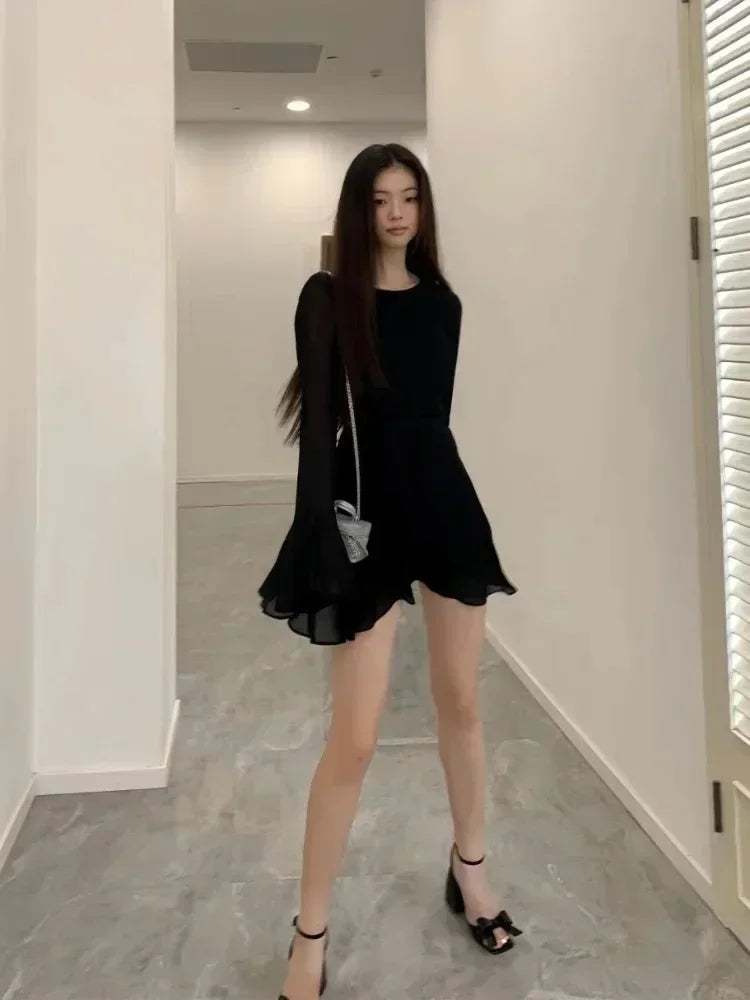 Sexy Backless Black Dress Women Back Hollow Out Lace-up Long Sleeve Mesh Patchwork Dress Elegant Slim Ruffle Mini Dress Party