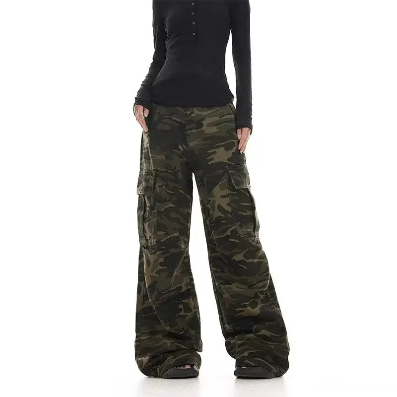 American retro washed design camouflage work pants for men and women, loose straight leg multi pocket wide leg casual paratroope
