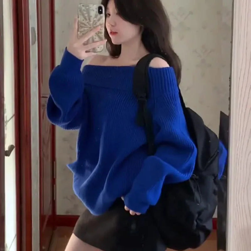 Fashion Autumn Women Off Shoulder Sweater Long Sleeve Elegant Casual Solid Knitted Tops Sexy Pullover Clothing Spring Knitwear