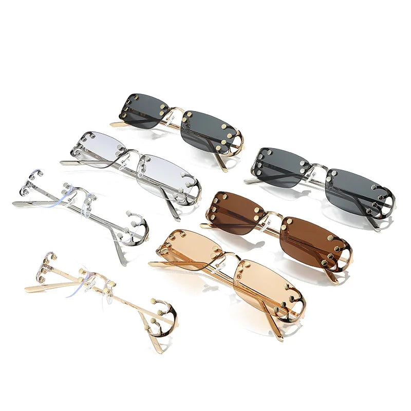 small square rivet alloy sunglasses women new fashion gradient hollow frame elegant sun glasses ladies outdoor driving shades