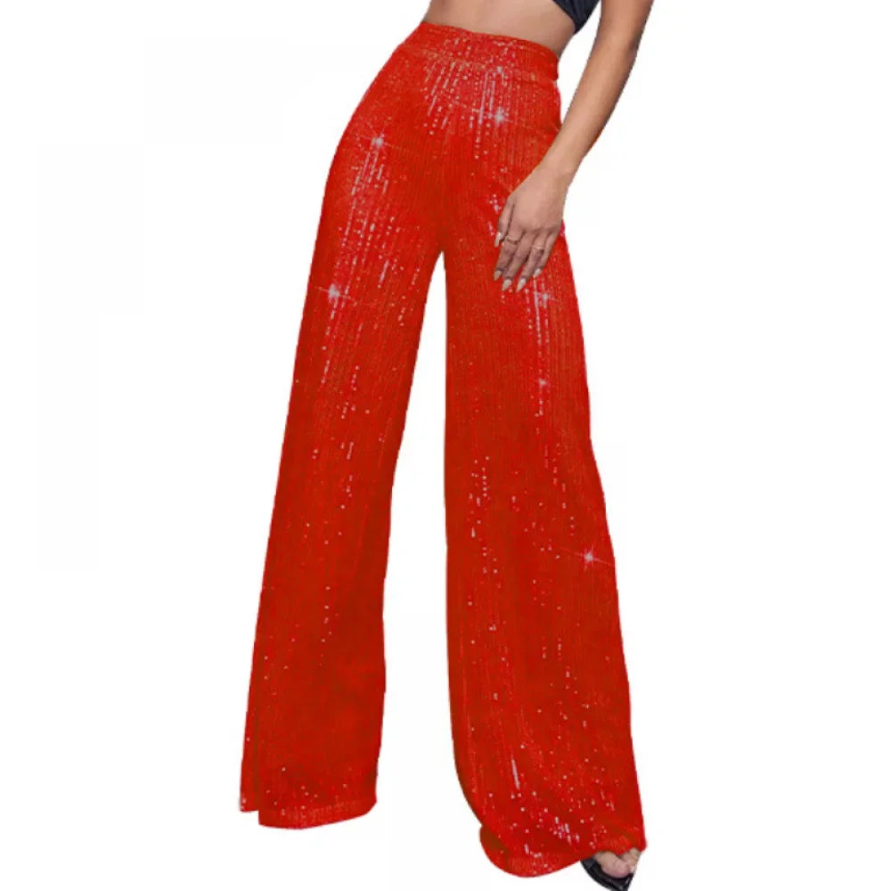 New Women Casual Sequin Sparkle Glitter Pants High Waist Flared Pants Elastic Loose Wide Disco Trousers Clubwear  Costumes