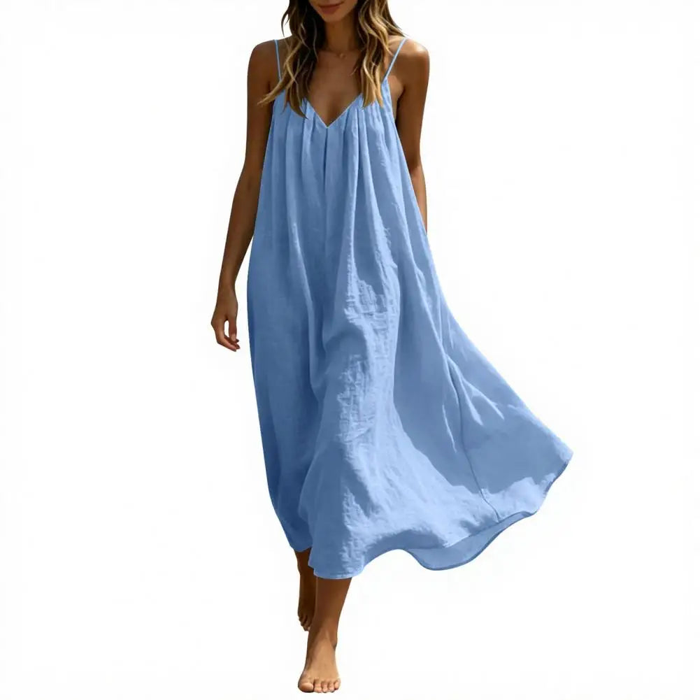 Women's Spaghetti Strap Beach Sundress, Summer Sleeveless V Neck Cami Dress, Loose Flowy Vacation Long Dress Plain Maxi Sundress