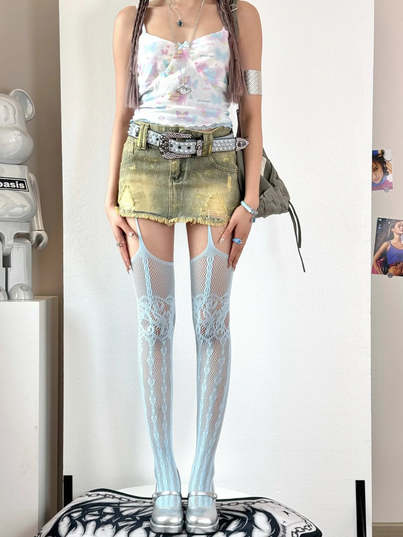 Women Hollowed Fishnet Garter Belt Pantyhose Spicy Girl Sexy Open Crotch Punk Heart Patterned Sheer Thigh High Suspender Tights#