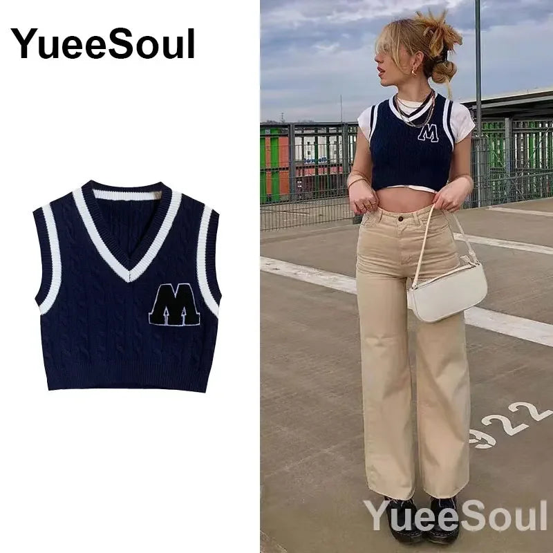 Vintage Knitted Women Sweater Vest American Y2K Aesthetic Sweet Cute 90s Slim Crop Waistcoat 2023 New Plaid Sleeveless Knitwears