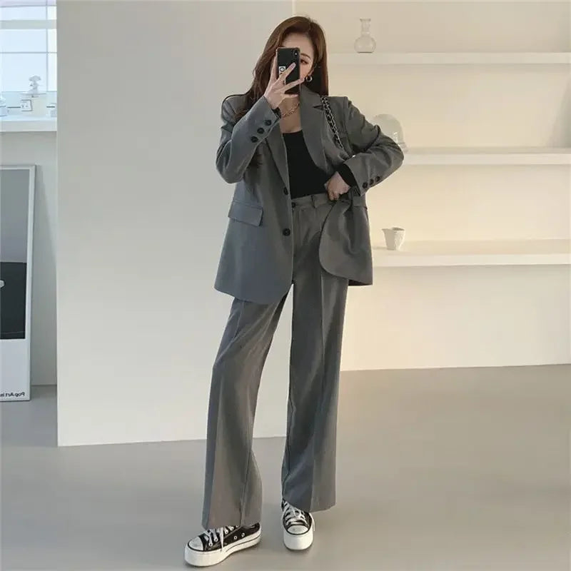 Insozkdg 2024 Autumn Winter Retro Casual Long Sleeves Jacket + Wide-leg Pants Commuter Solid Color Single-breasted Two-piece Set