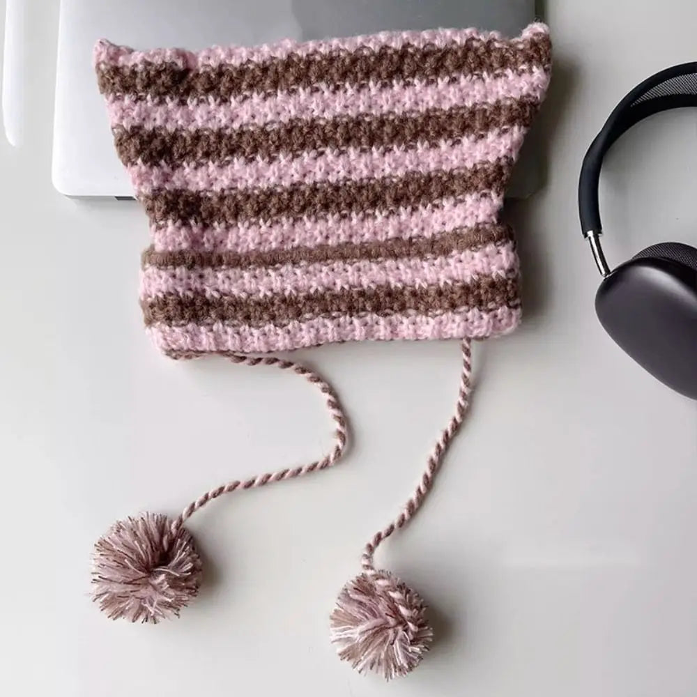 Fshion Y2K Knitting Striped Beanie Hat Cute Wool Hanging Ball Knitted Beanie Hat Cat Ears Pointed Pullover Hats Autumn Winter