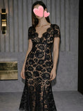 Vintage Lace V-Neck Mermaid Satin Ankle-Length Prom Evening Gown | Inspired by Beren Saat