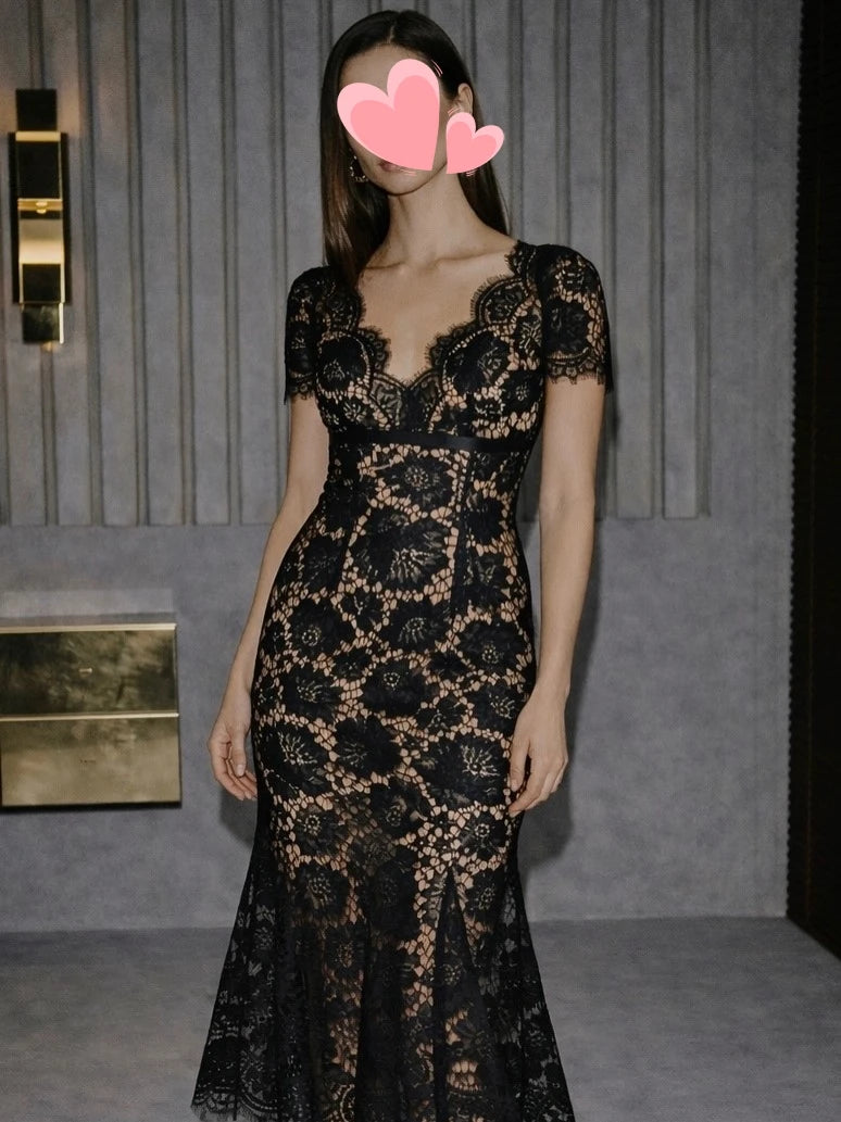Vintage Lace V-Neck Mermaid Satin Ankle-Length Prom Evening Gown | Inspired by Beren Saat