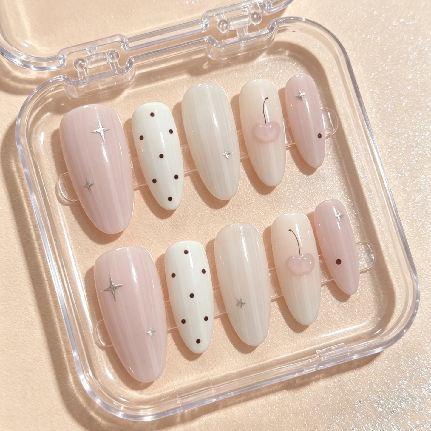 10 Pieces of Hand Pressed Almond Shaped Nails, Beautiful Fake Nails, Nude Pink Vertical Ripple Cherry Dots, Suitable for Women