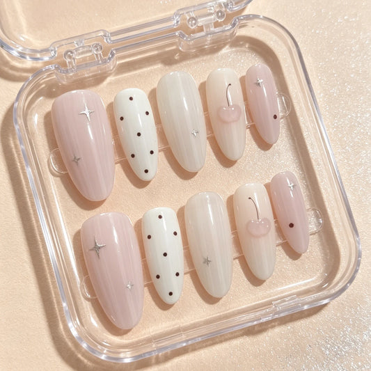 10 Pieces of Hand Pressed Almond Shaped Nails, Beautiful Fake Nails, Nude Pink Vertical Ripple Cherry Dots, Suitable for Women