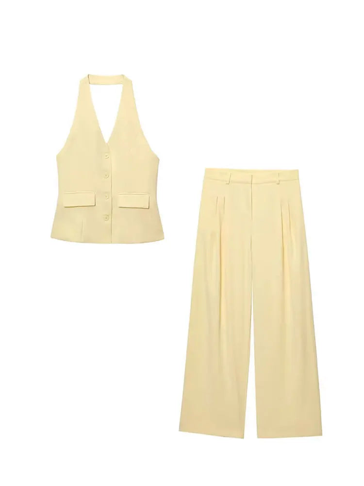 HH 2024 Female Elegant 2 Piece Solid Set High Waist Straight Trousers+Sleeveless Halter Vest Tops Chic Commuting Suit