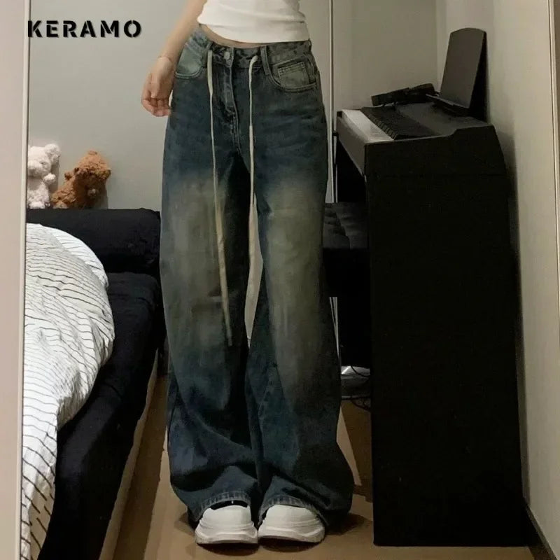 Harajuku Vintage Drawstring High Waist Loose Jeans 2023 Autumn Pants Winter Women's Y2K Wide Leg Baggy Streetwear Denim Trouser