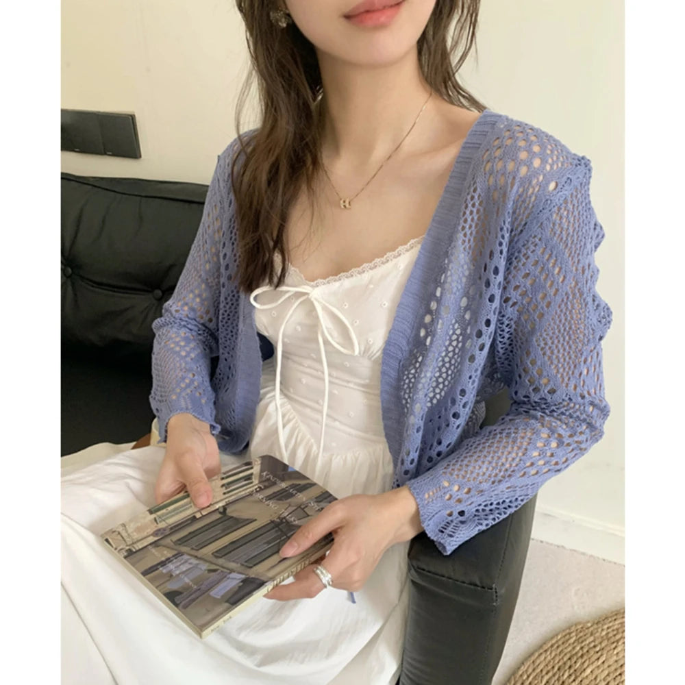 Sheer Pointelle Knit Crop Cardigan with Tie Front Openwork Long Sleeve Short Jacket Top Cover for Women Teen-girl Cute Outfit
