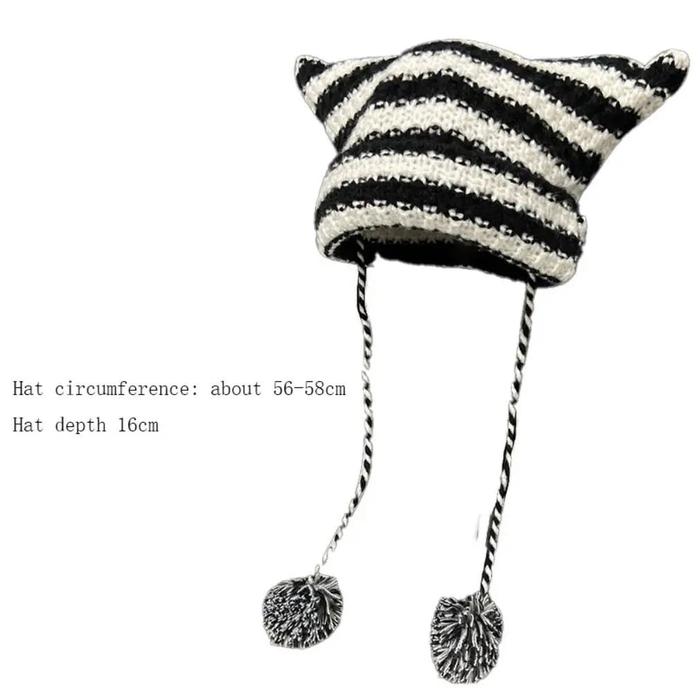 Fshion Y2K Knitting Striped Beanie Hat Cute Wool Hanging Ball Knitted Beanie Hat Cat Ears Pointed Pullover Hats Autumn Winter
