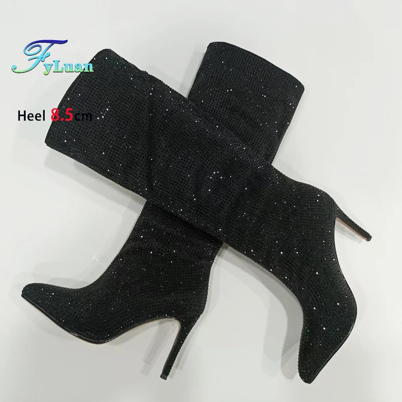 Gorgeous Rhinestones Boots Full Crystal Diamond Star Stage Shoes Women Pointy Knee-high 8.5CM Thin Heel Glitter Party Long Boots