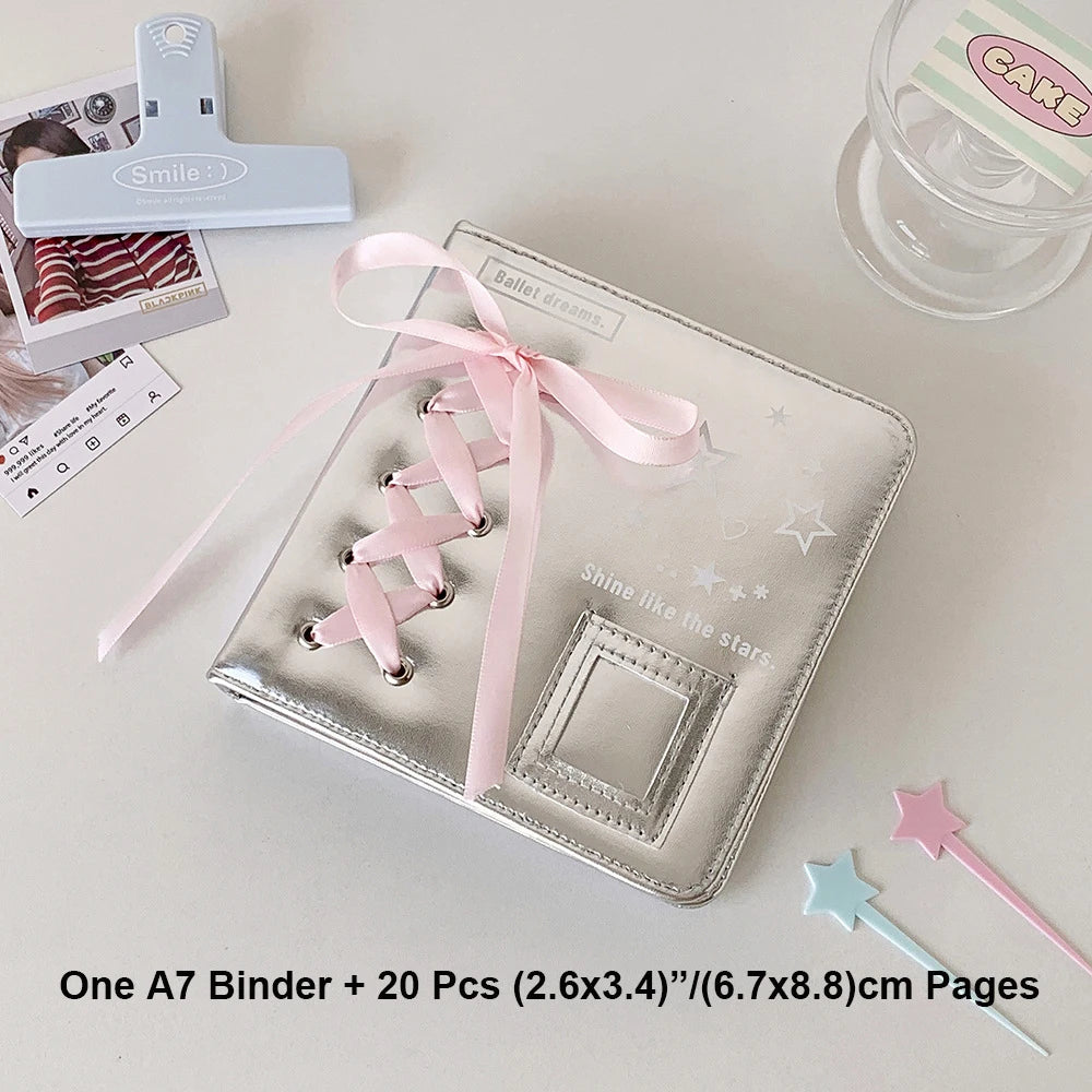 A5 A7 Silver PU Leather Photocard Binder Album Photos Cards Book Pink Bowtie Decor Instax Mini Collect Scrapbooking Scrap Album