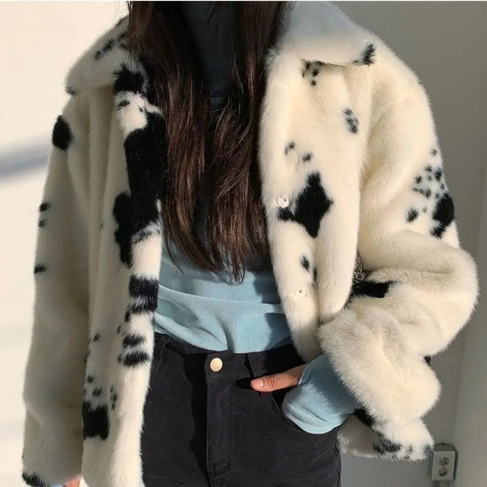 New Korean Version Women's Short Loose and Fashionable Square Neck Black and White Cow Pattern Faux Fur Mink Fur Coat