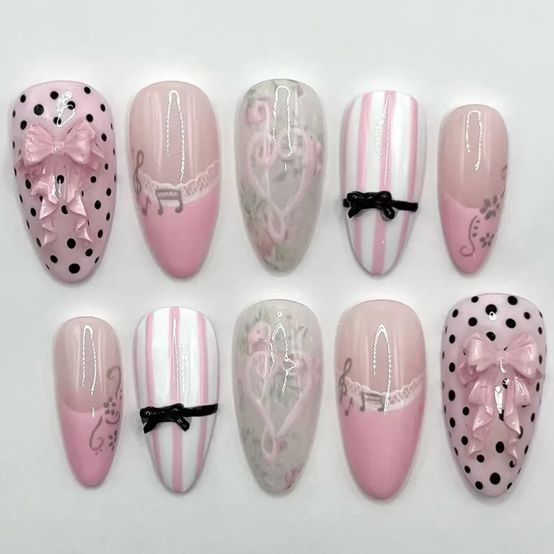 24pcs Sweet Pink Press On Nails Pink Bowknot Design French Almond Fake Nails Glossy Fashion Korean False Nail Patches Manicure