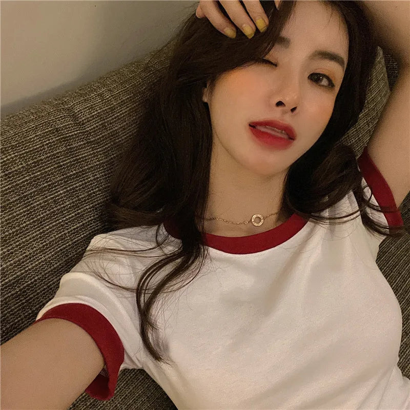 Slim-fit Korean-style T-shirt Female Students Women Summer Short-sleeve T-shirt Casual Top Woman Girl Sports Basic Short-sleeve