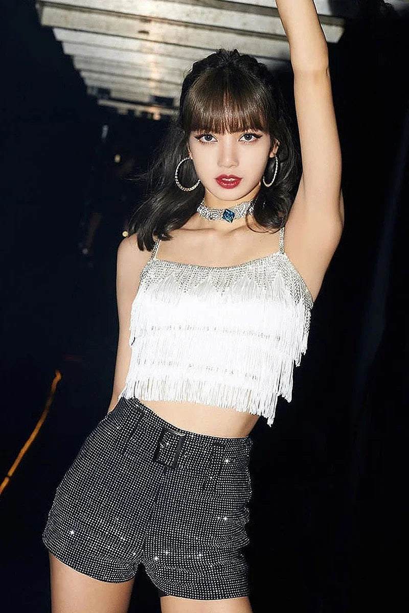 Kpop Girl Group LISA Jazz Dance White Vest Crop Tops Stage Costume Slim Tight Shorts Street Outfits Nightclub