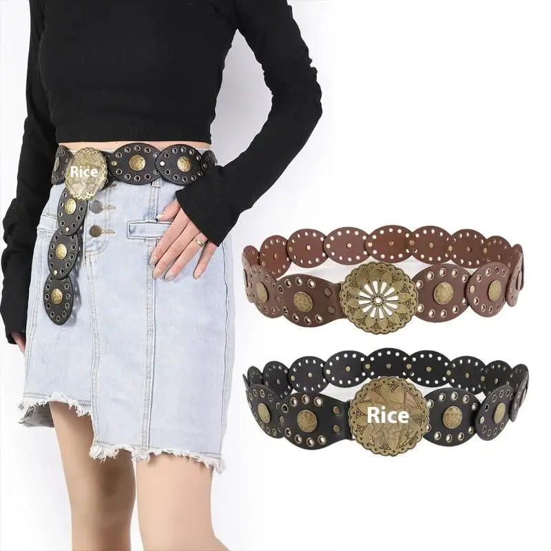 New Ladies Bohemian Western Cowboy Punk Style Belt Fashion Accessory Hollow Out Flower Buckle Oval Splicing Design