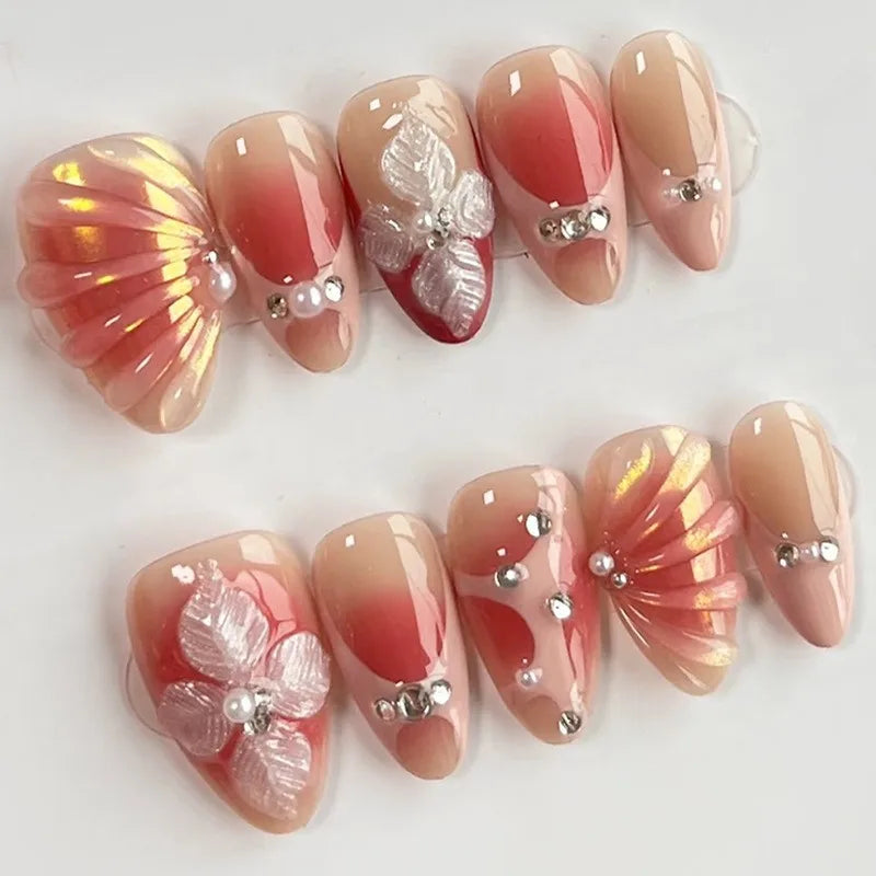 30Pcs False Nails Summer Ocean Style with Cool 3D French Tips High-Quality Press-On Nails Perfect As A Gift for Girls and Friend