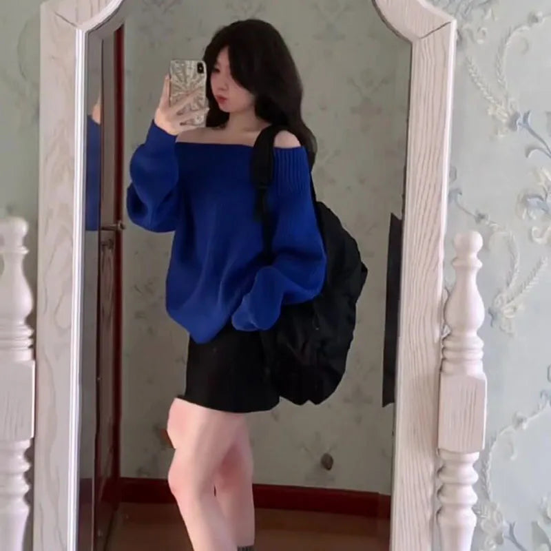 Fashion Autumn Women Off Shoulder Sweater Long Sleeve Elegant Casual Solid Knitted Tops Sexy Pullover Clothing Spring Knitwear