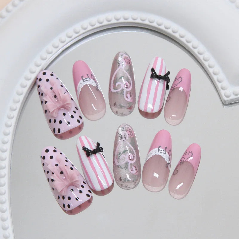 24pcs Sweet Pink Press On Nails Pink Bowknot Design French Almond Fake Nails Glossy Fashion Korean False Nail Patches Manicure