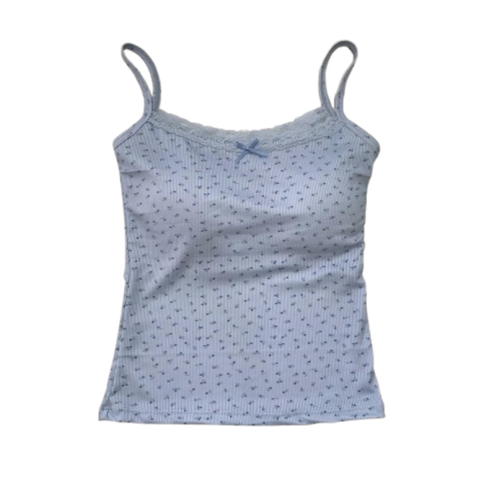 Elegant Sweet Floral Tank Tops Bowknot with Cups Pad Lace Vest T-Shirt Sleeveless Casual Y2k Crop Top Spring Summer