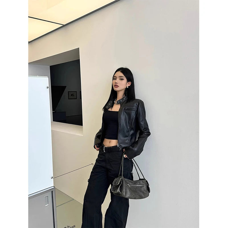 Vintage Pu Leather Jacket Women Streetwear Cropped Black Motorcycle Coats Fall Winter Y2K Harajuku Long Sleeve Short Outerwears