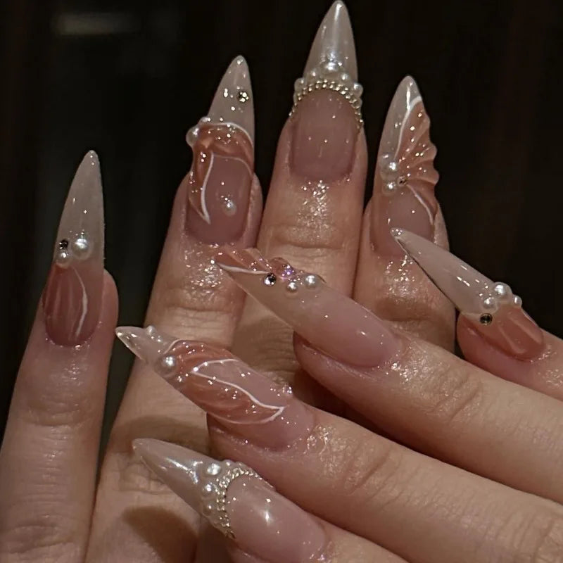 30Pcs False Nails Summer Ocean Style with Cool 3D French Tips High-Quality Press-On Nails Perfect As A Gift for Girls and Friend