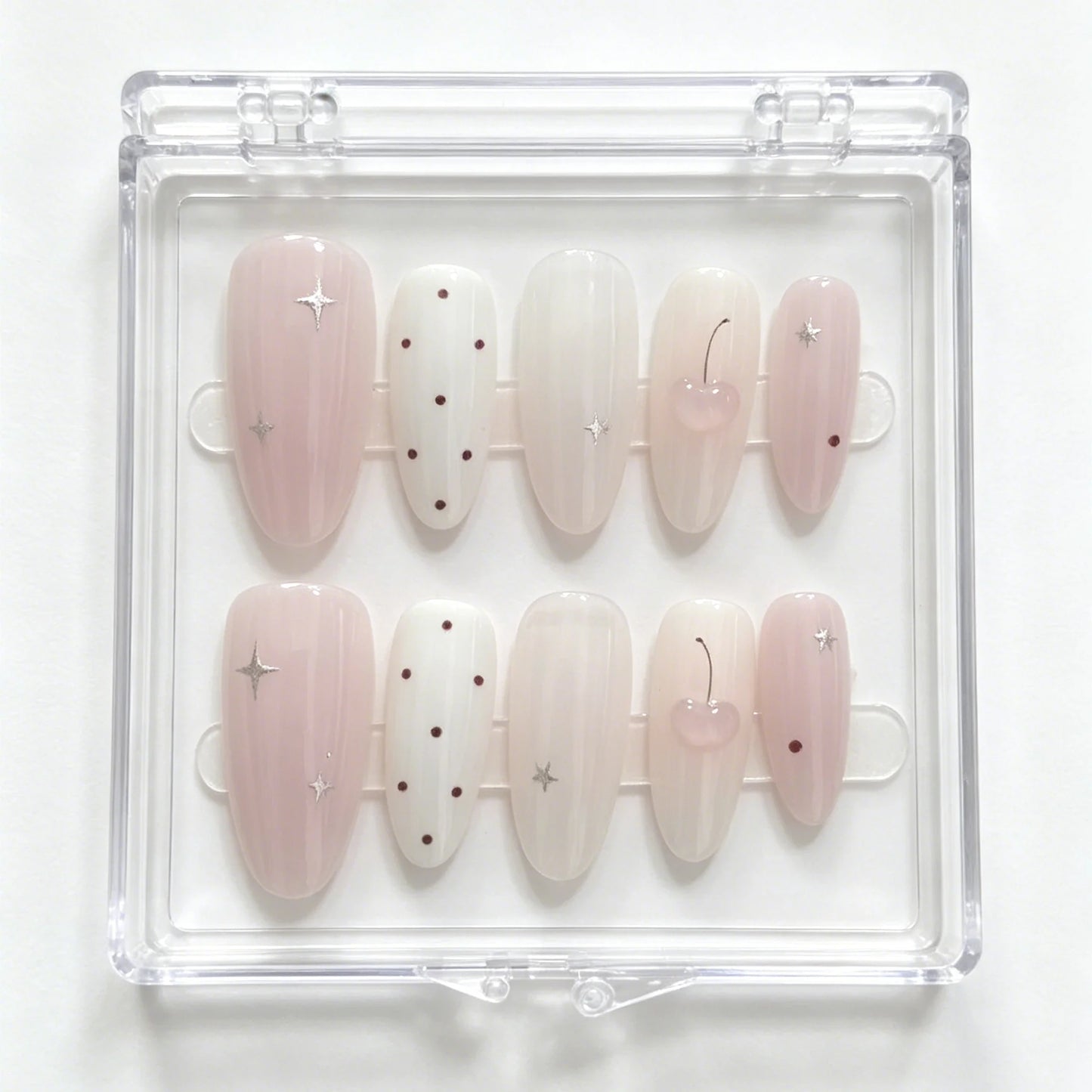10 Pieces of Hand Pressed Almond Shaped Nails, Beautiful Fake Nails, Nude Pink Vertical Ripple Cherry Dots, Suitable for Women