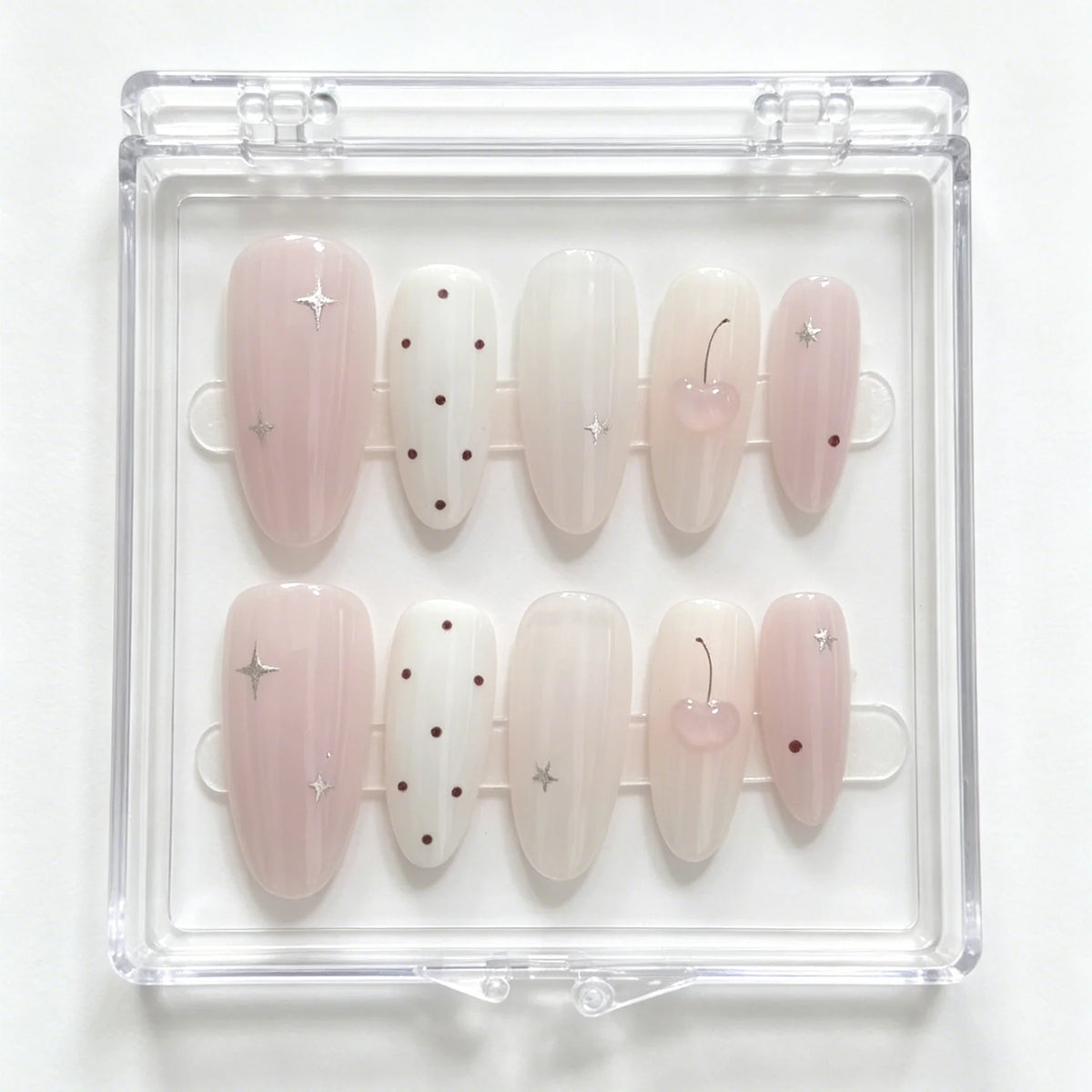 Handmade Almond Nude-Pink Ripple Cherry Dot Press-On Nails