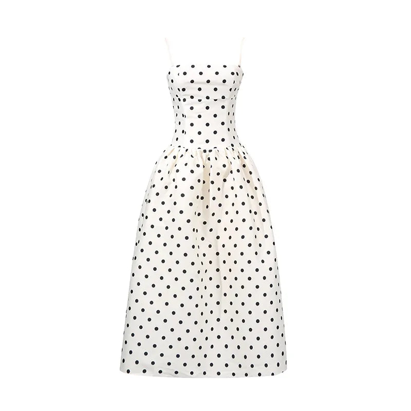 Vintage Dot Printing Slimming Long Dresses for Women Square Collar Sleeveless Backless High Waist Elegant Dress Female Style New