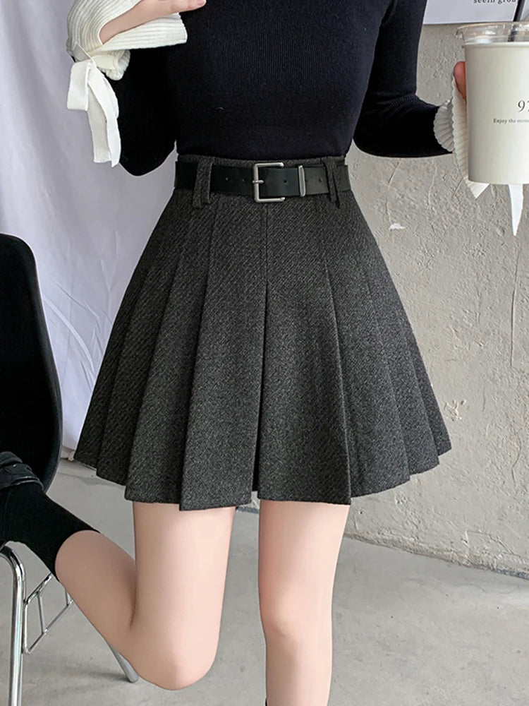 Vintage Winter Pleated Mini Skirt Women Streetwear High Waist Woolen Cute Skater Skirts With Shorts Belt Grey Black Skirt Woman