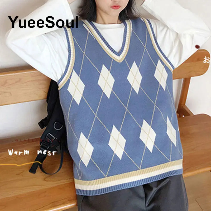 Blue Argyle Women's Vest Plaid Sleeveless Pullover Loose Knitted Sweater Vest 2026 New Autumn Y2K Casual Oversized Waistcoat